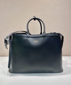 Buckle leather handbag with double belt Black 34.0x48.0x18.0 CM