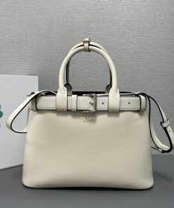 Buckle small leather handbag with belt White/Black 23.0x32.0x11.0 CM