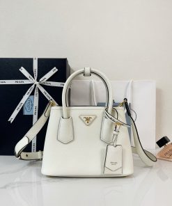 Double small Saffiano leather bag Chalk White/Black 18.5x25.0x12.5 CM